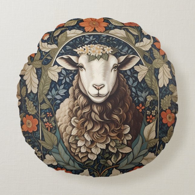 Almofada Redonda Elegante Sheep William Morris Floral (Frente)