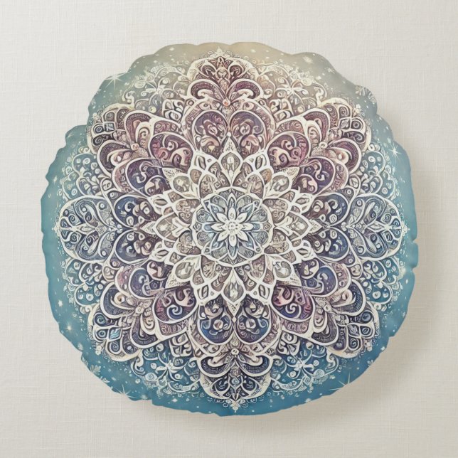 Almofada Redonda Elegante Snowflake Mandala em matizes congelados (Frente)