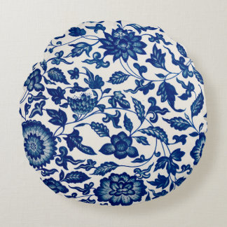 Almofada Redonda Elegante Toile de Jouy Azul Francesa Country Chino