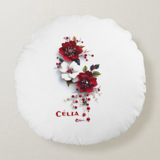 Almofada Redonda Elegante Travesseiro Floral Vermelho e Branco | Fl