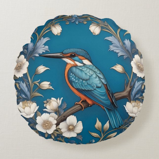 Almofada Redonda Elegante Turquoise Kingfisher Floral (Frente)