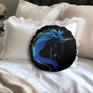 Almofada Redonda Elegante Unicórnio Preto Azul Prata Fantasia Mágic