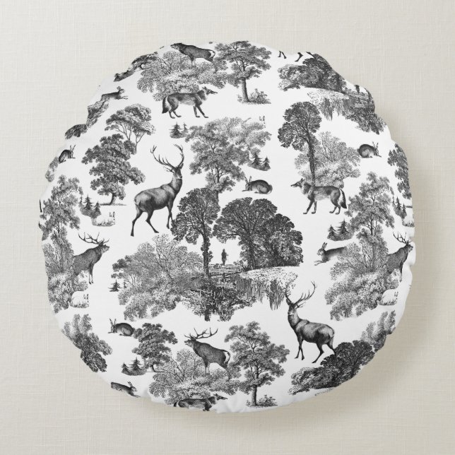 Almofada Redonda Elegante Vintage Black White Toile Deer (Frente)