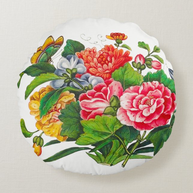 Almofada Redonda Elegante Vintage Floral Butterfly Buquê (Frente)