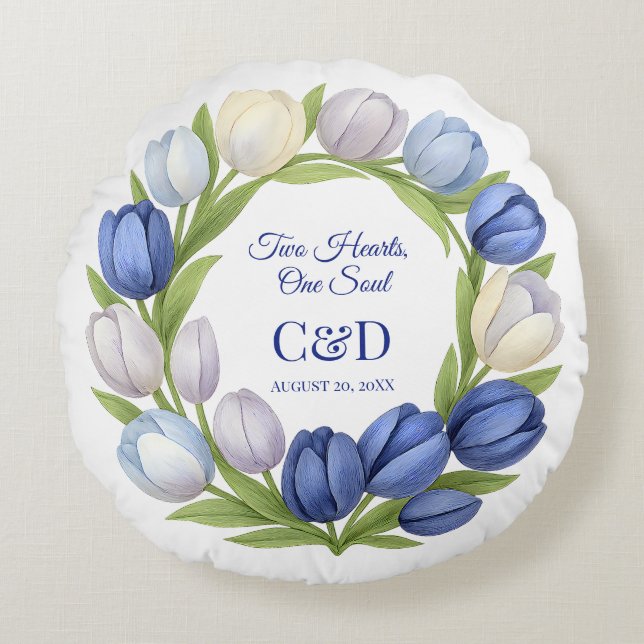 Almofada Redonda Elegante Watercolor Tulip Wreath Casamento Blue Iv (Frente)