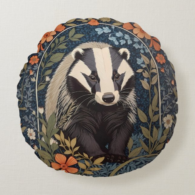 Almofada Redonda Elegante William Morris Inspirou Badger (Frente)