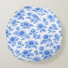 Almofada Redonda Elegantes Girassóis Toile du Jouy – Botânico Azul
