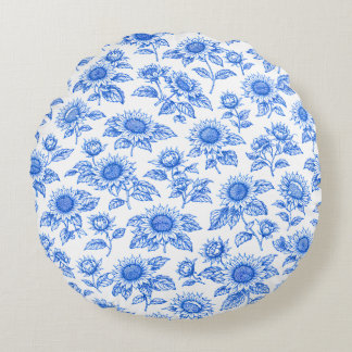 Almofada Redonda Elegantes Girassóis Toile du Jouy – Botânico Azul