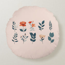 Almofada Redonda elementos botânicos estilizados em cores diferente