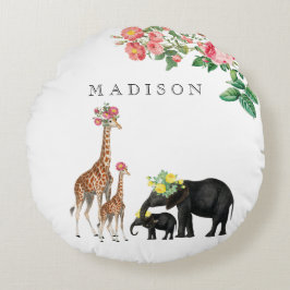 Almofada Redonda Elephant & Giraffe Floral Custom Baby Name