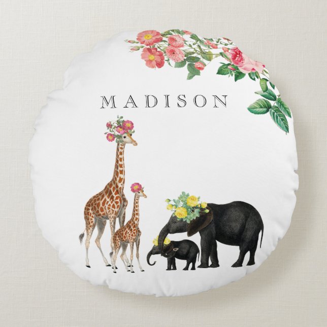 Almofada Redonda Elephant & Giraffe Floral Custom Baby Name (Frente)
