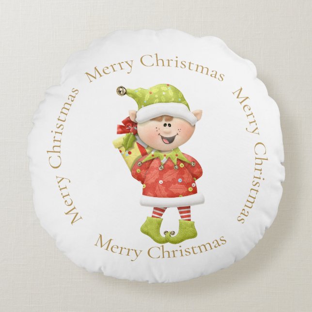 Almofada Redonda Elf de Natal com Presente (Frente)