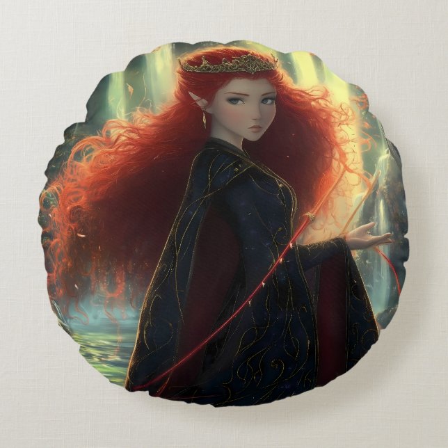 Almofada Redonda Elfo Místico numa Floresta Fantástica (Frente)