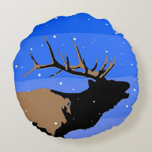 Almofada Redonda Elk Bugling no inverno - Arte original sobre a vid
