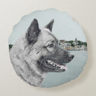 Almofada Redonda Elkhound norueguês na pintura da vila - Arte canin
