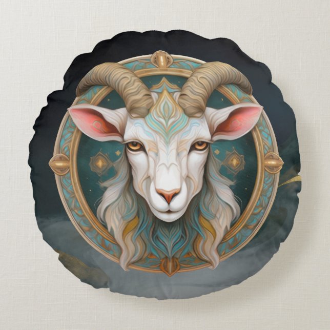 Almofada Redonda Emblema de Cabra Grimmloch RPG de Fantasia (Frente)