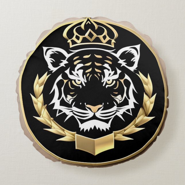 Almofada Redonda Emblema Dourado da Crista do Tigre (Frente)