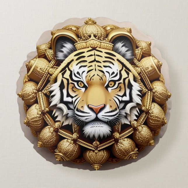 Almofada Redonda Emblema Dourado da Crista do Tigre (Frente)