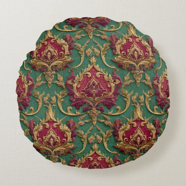 Almofada Redonda Emerald Burgundy Baroque Damask (Frente)
