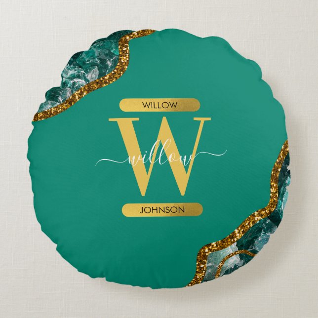 Almofada Redonda Emerald Green & Dourado Agate Geode Glitter Monogr (Frente)