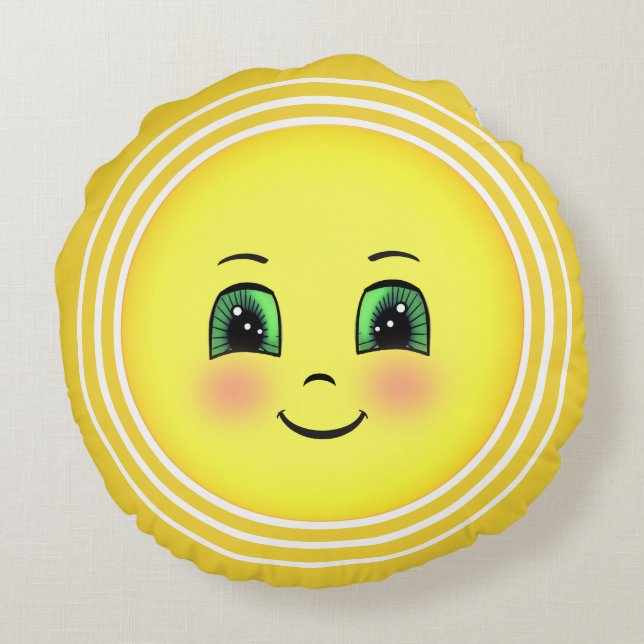 Almofada Redonda Emoji de Rosto Feliz Sol Radiante Fofo (Verso)