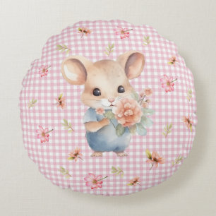 Almofada Redonda Encantando o mouse em Gingham Rosa