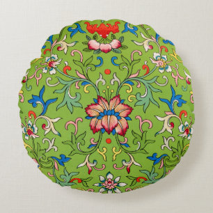 Almofada Redonda Enfeite Chinês Vintage Owen Jones Floral Verde
