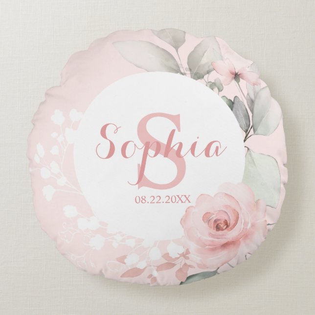 Almofada Redonda Enfermeira de Bolinhas Florais, Cor de Água, Rosa (Frente)