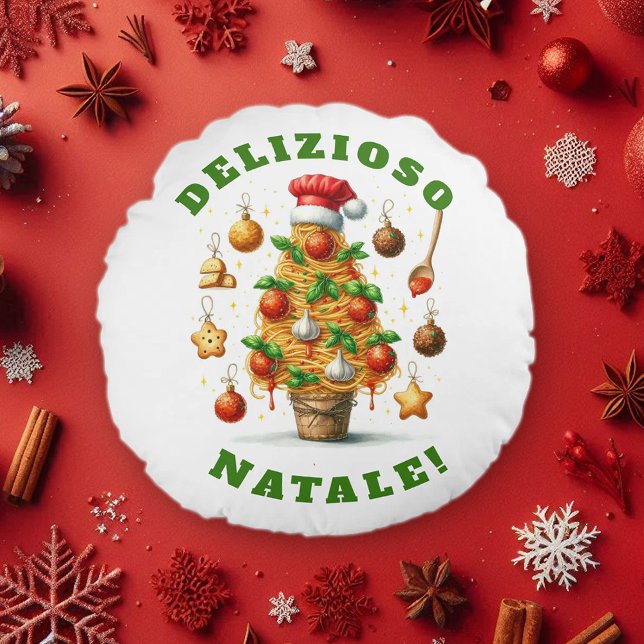 Almofada Redonda Engraçada Árvore de Natal Delizioso Natale! (Funny Christmas Spaghetti Tree Round Pillow Cover Photo)