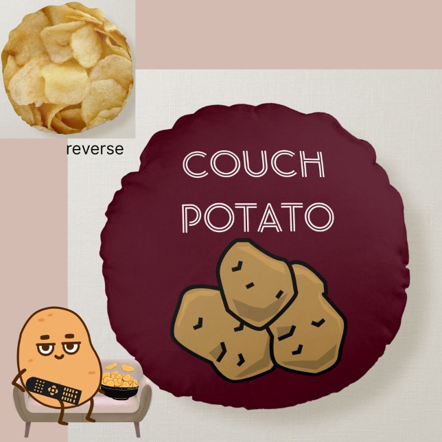 Almofada Redonda Engraçada "Batata de Couch" + Batata Escopa De Vig (This funny Couch Potato cushion is perfect for the lovable sloth in your life. Choice of colors.)