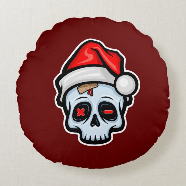 Almofada Redonda Engraçado Caveira de Natal, Estilo de Cartoon (Frente)