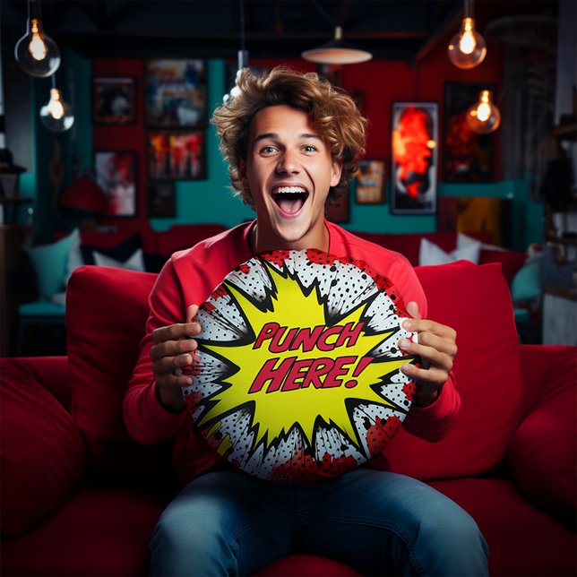 Almofada Redonda Engraçado Pop Art "Punch Here" (Funny Pop Are "Punch Here" Pillow)