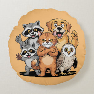 Almofada Redonda Equipe de Amigos Animais de Desenho Ilustração