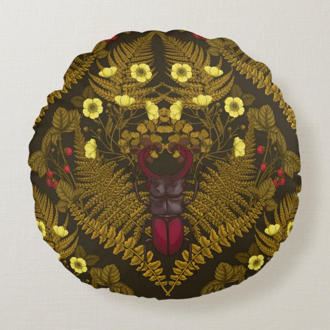 Almofada Redonda Escaravelho e samambaias (Frente)