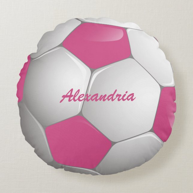 Almofada Redonda Esfera de Futebol Personalizável, Rosa e Branco (Frente)