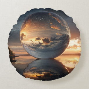 Almofada Redonda Esfera Reflexiva Surrealista Com Nuvens de Pôr do