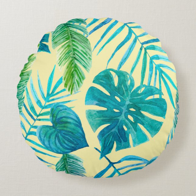 Almofada Redonda Esmague o verde das plantas tropicais da selva. En (Frente)