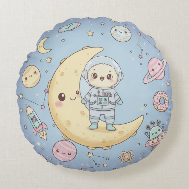 Almofada Redonda Espaço Kawaii Fofo - Astronauta e Lua Sorridente (Frente)