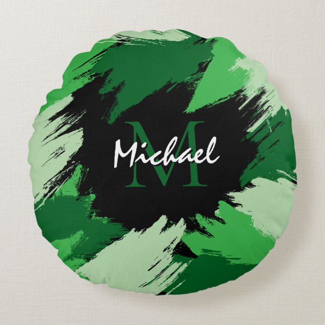 Almofada Redonda Espessadas de pinceladas com nome verde com monogr (Frente)