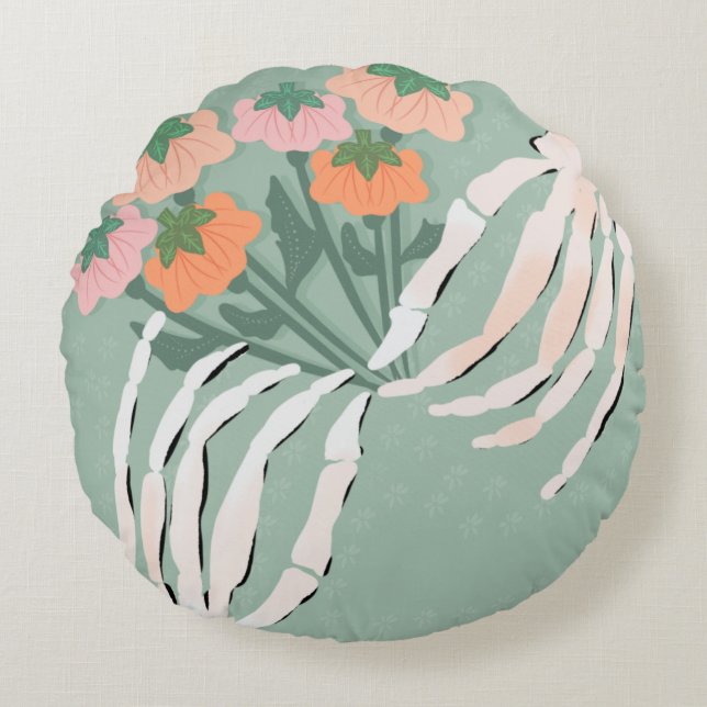 Almofada Redonda Esqueleto com Buquê de Abóbora (Frente)