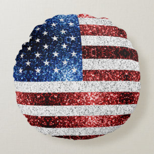 Almofada Redonda Estados Unidos: bandeira azul-vermelho brilha
