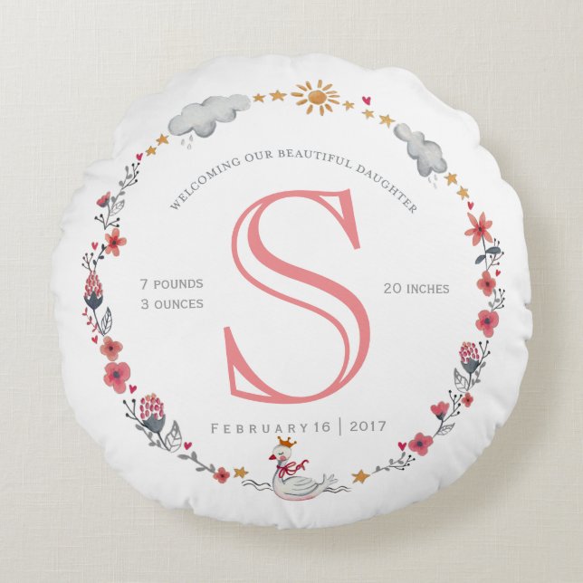 Almofada Redonda Estatísticas de nascimento de bebê de cisne rosa f (Frente)