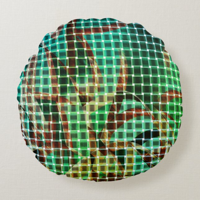 Almofada Redonda Estilo das cestos de palha seca castanha e verde s (Frente)