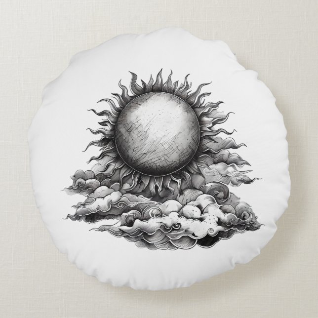 Almofada Redonda Estilo de desenho do lápis Sun e Moon (Verso)