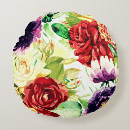 Almofada Redonda Estilo de Vintage Flores de Grande Aquarela