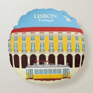 Almofada Redonda Estilo de vintagem do elétrico amarelo de Lisboa