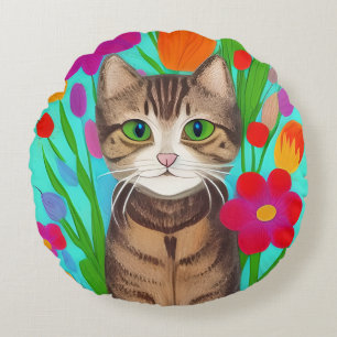 Almofada Redonda Estilo de Whimsical de Arte Folha Gato e Flores