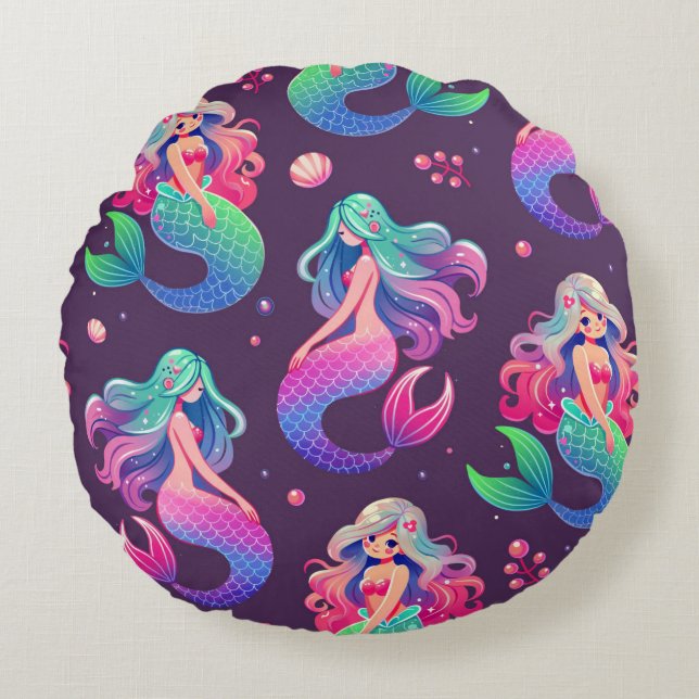 Almofada Redonda Estilo Kawaii Sereias Roxo Sem Costura