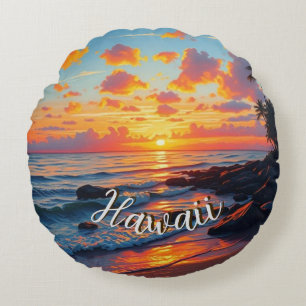 Almofada Redonda Estilo Vintage Havaiano Viagem Costa Mar Pôr-do-So
