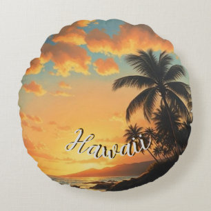Almofada Redonda Estilo Vintage Havaiano Viagem Costa Mar Pôr-do-So